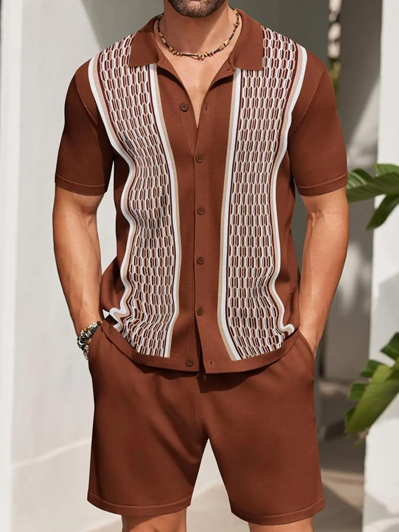 Men's Colorblock Geometric Print Short Sleeve Top  & Shorts Two-piece Set, Regular Fit Casual Fashion Cozy Breathable Top & Shorts for Daily Outdoor Wear, Men's Clothing for Summer