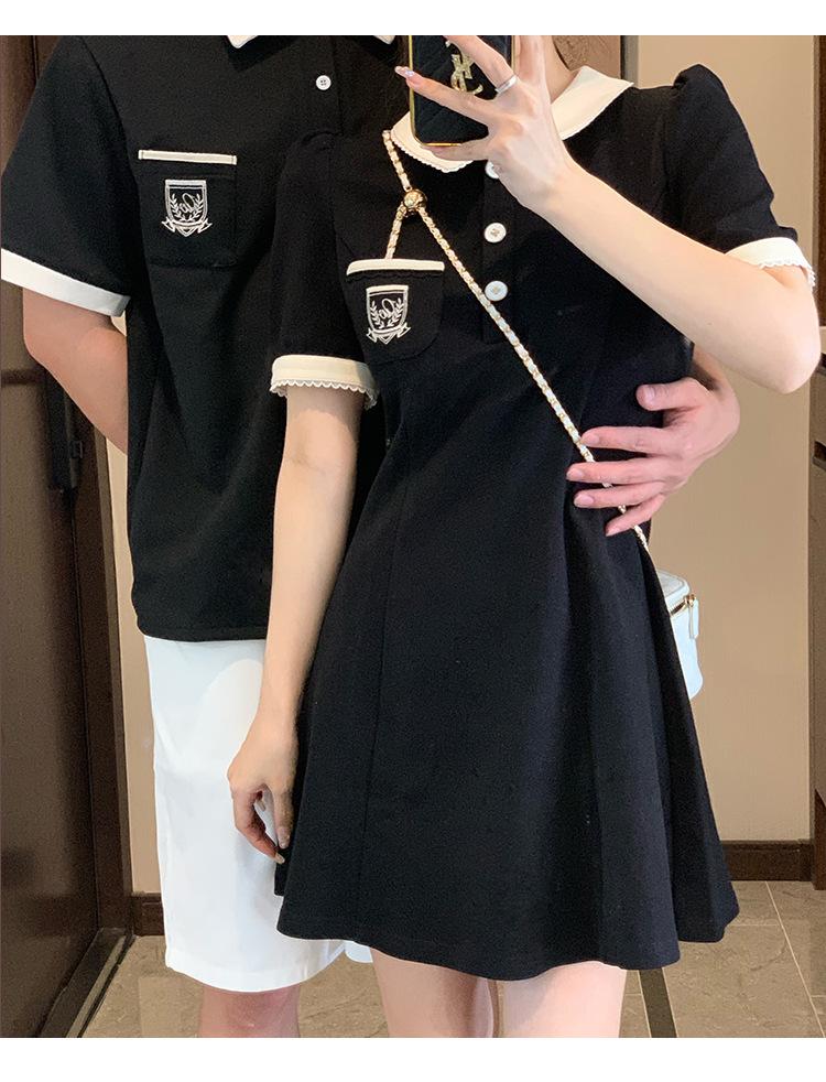 Product Introduction of Couple's outfit 2025 short sleeved lapel T-shirt, home women's waist collection, college style dress, one piece, one skirt, oversized size Womenswear Clothing 12