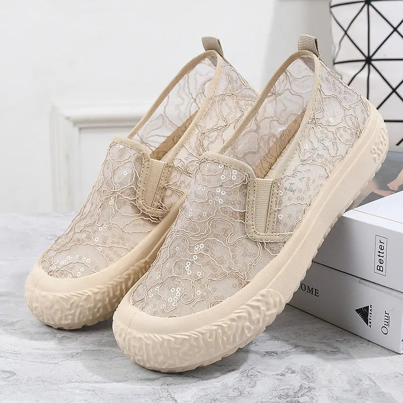 Women's Summer Lace Mesh Breathable Fisherman Shoes Shallow Flat Casual Thick Sole Canvas Shoes Women 2025 New Cheap Beautiful Comfortable Lightweight