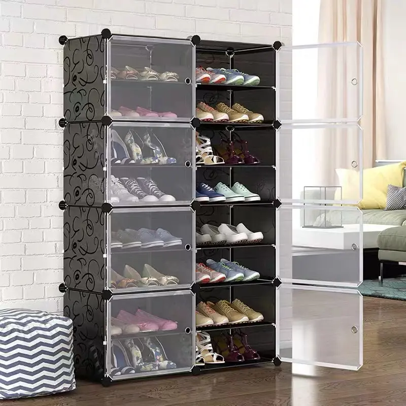 Shoe Rack Storage Cabinet Shoe Storage Boxes Locker Dustproof Drawer Type Screwless Stackable Foldable Dust-Proof Stackable Organizer Cabinet 6-8Layer Drawer Type Screwless Stackable Big Size Black
