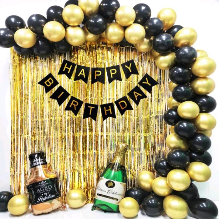 Gambar [paket] dekorasi birthday set backdrop 90 balon hitam gold foil wine ultah ulang tahun party dewasa pacar dari bellapartystore Kota Denpasar Tokopedia