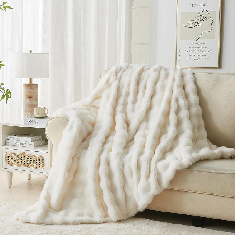 TikTok Shop Fluffy Blanket for Couch Soft Luxury Faux Rabbit Fur Throw Blanket Cozy Fuzzy Plush Bubble Blanket Thick Warm Decorative Blanket for Bed Sofa Throw Size 50 x60 Cream White