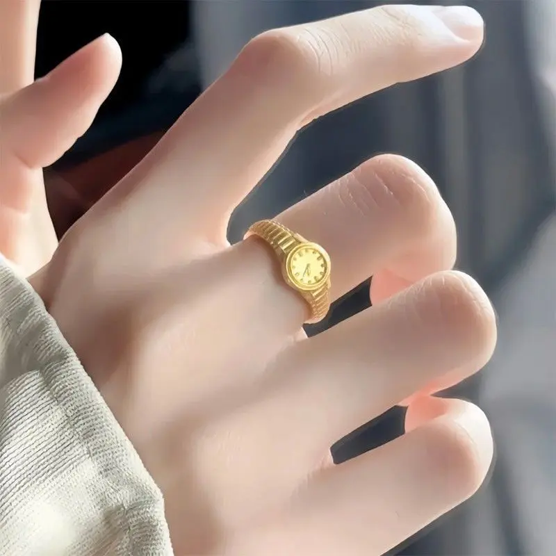[7041 People Favorited] Gold Small Gold Watch Ring 520 Hours Hand Watch Pure Silver Couple Rings Niche Style High Appearance Open Ring Gift for Girlfriend