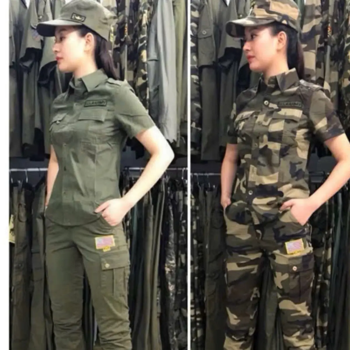BỘ QUẦN ÁO SƠ MI LÍNH NỮ ÁO CỘC TAY - XANH RÊU  VÀ RĂN RI
