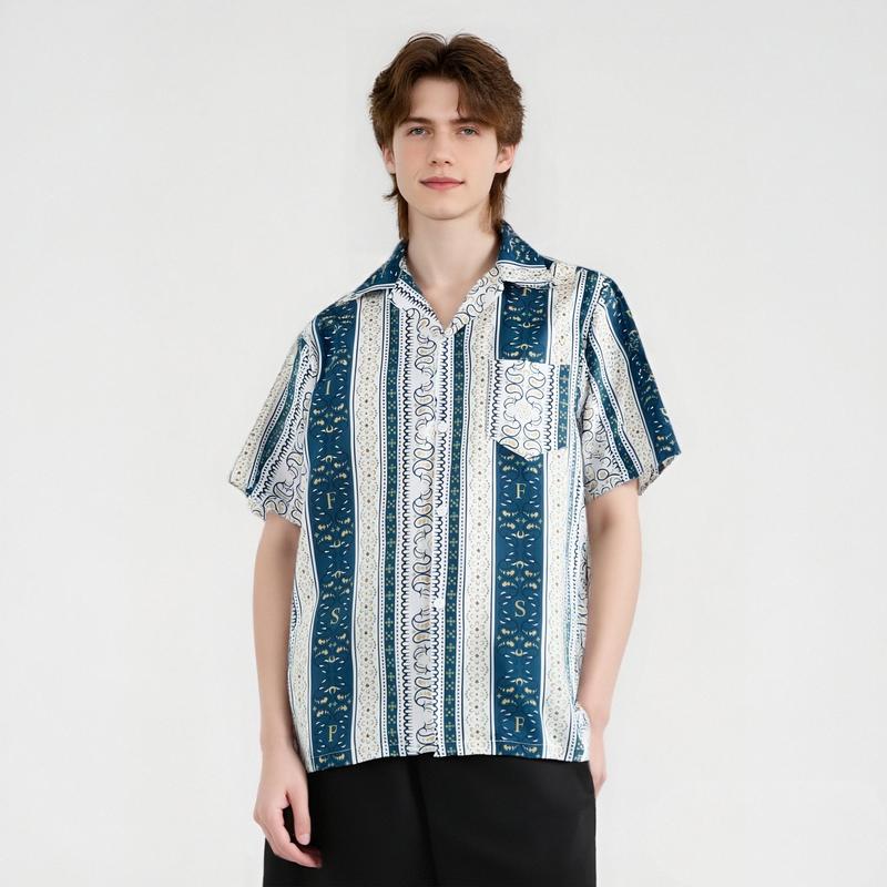 Stretch Fabric Does Not Fade Striped Flowers Batik Modern Pocket Loose Short Sleeve Men's Shirt Kain Pantai 0