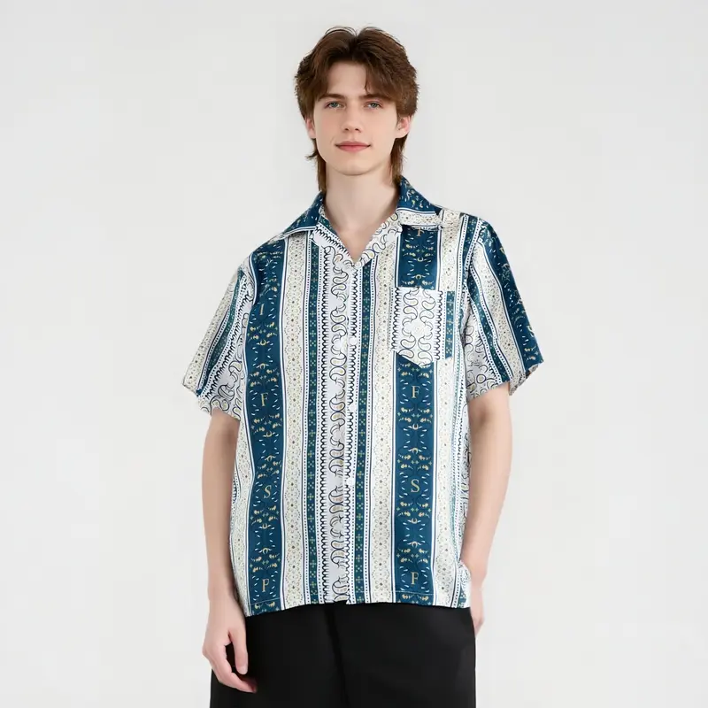 Stretch Fabric Does Not Fade Striped Flowers Batik Modern Pocket Loose Short Sleeve Men's Shirt Kain Pantai 0