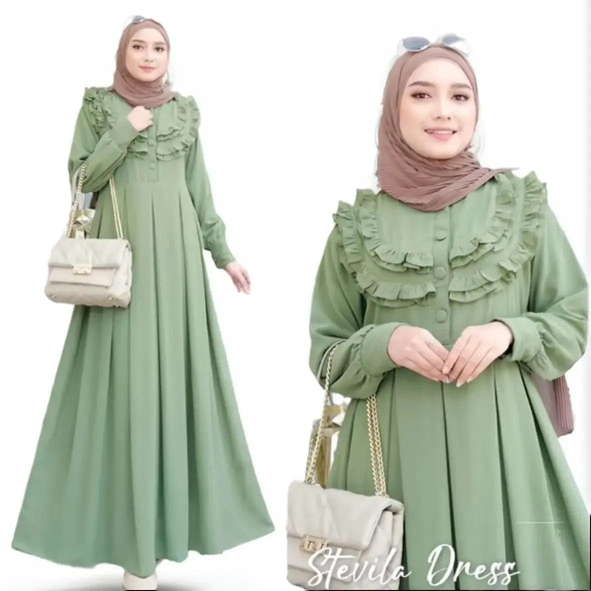 OKTAPYANI - KIRANA Dress Sage Green / Crinkle Airflow / Gamis Wanita Pesta Kondangan  Terbaru / Long Dress / Dress Maxi / Tunik Midi Terbaru / Gamis Dress Cringkle Terbaru Muslim Mewah Tebal Lebaran Nyaman Hitam Samping Panjang Dewasa  Remaja