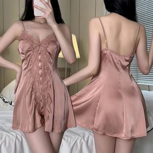 Baju Tidur Chemise, Rekaan Bergaya dengan Kemasan Renda, Penutupan Depan Boleh Laras, Set Pakaian Tidur Seperti Sutera, Pakaian Rumah Menggoda, Sesuai untuk Malam Musim Panas dan Saat Berintim