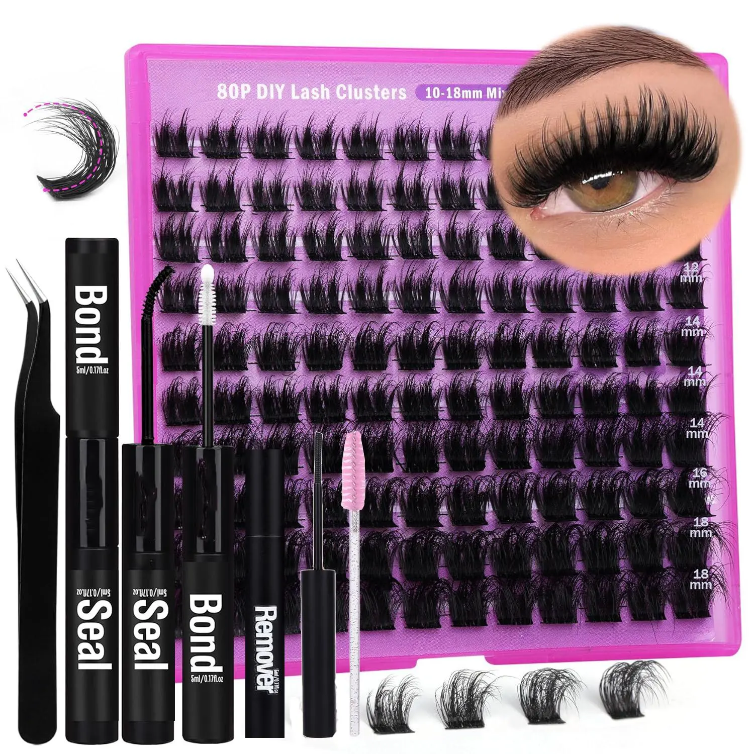 40D 60D 80D DIY Eyelash Extension Kit Adhesive Tweezers Brush Removal Closed Eyelash Cluster Thick Natural Eyelash Extension Kit 10-18mm Mixed Personal Kit, Lash Clusters Kit