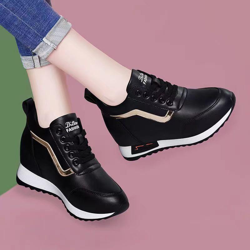 Giày thể thao nữ độn đế cao 7cm sneaker nữ bằng da chống nhăn mềm êm sang chảnh chống nước tốt