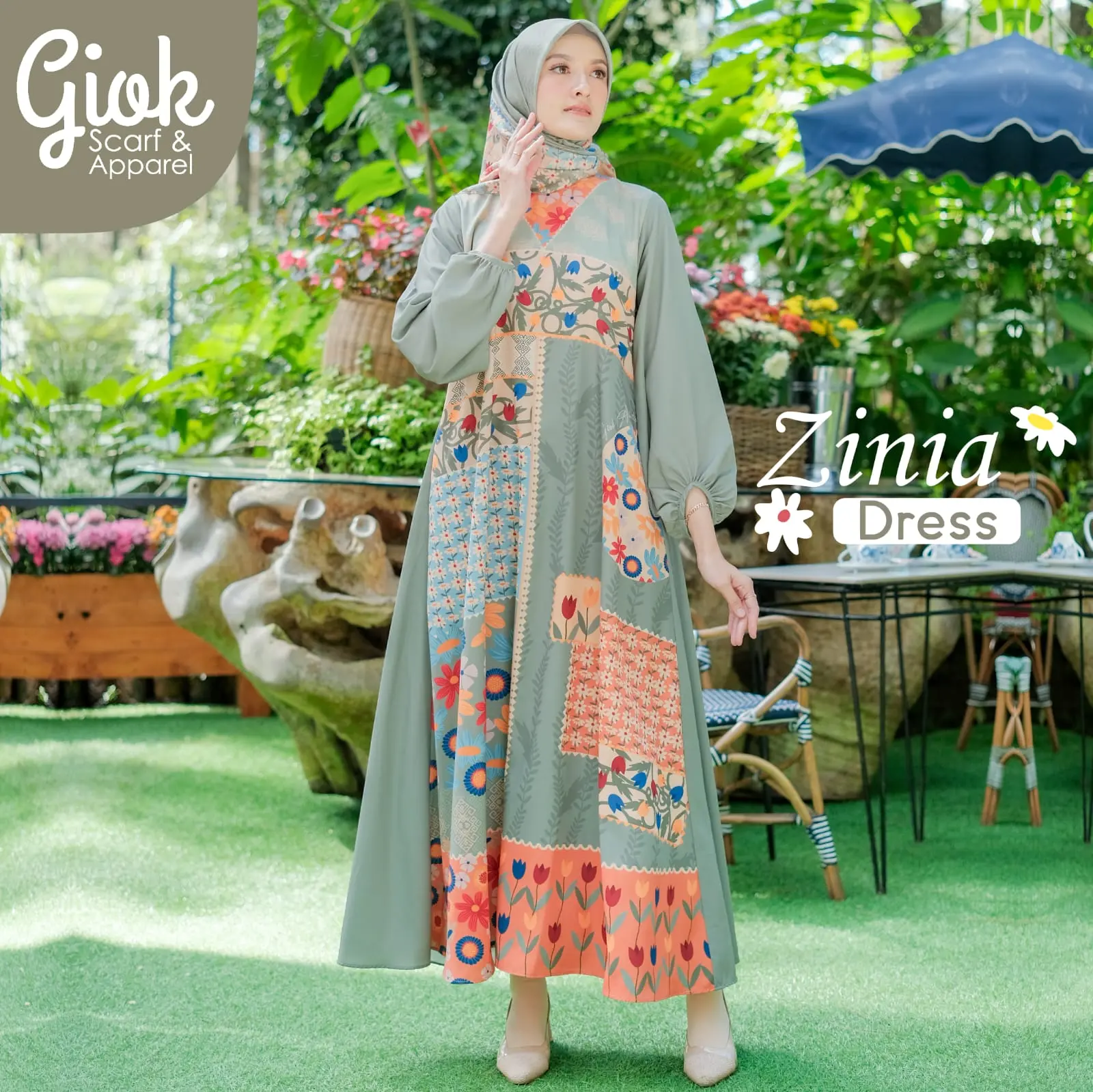 Zinia Dress By Giok Apparel Muslim Wanita / Series Raya Giok Apparel / Gamis Motif Printing Lebaran Syari