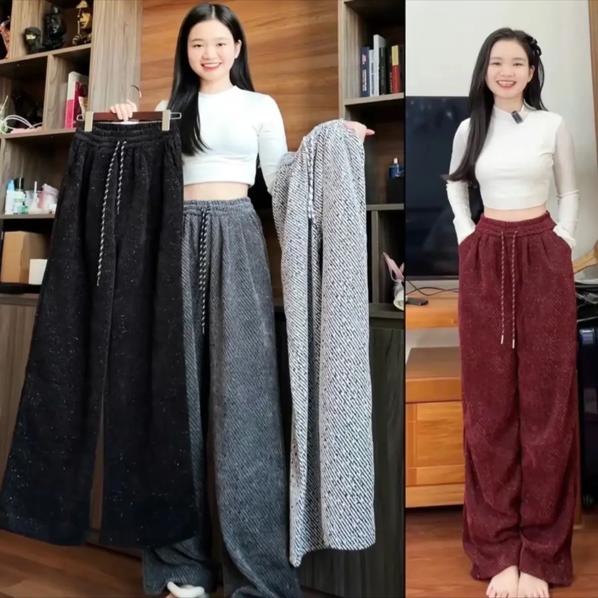 ￼Quần Dạ Kẻ Chéo Mẫu Mới 2025 Hottrend Ống Suông, Quần Dạ Lưng Chun Cạp Cao Phối Màu Hot Women