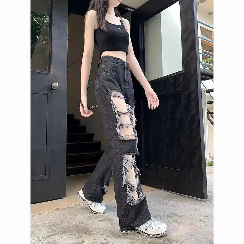 Product Introduction of Quần Jean Rách Màu Đen, Ngoại Cỡ, Dành Cho Cô Gái Đầy Đặn, Phong Cách Đường Phố Cao Cấp Mỹ, Dáng Rộng Và Dáng Ôm, Ống Rộng Và Thẳng, Quần quét đất Nhà, Dành Cho Nữ Women Pants 4