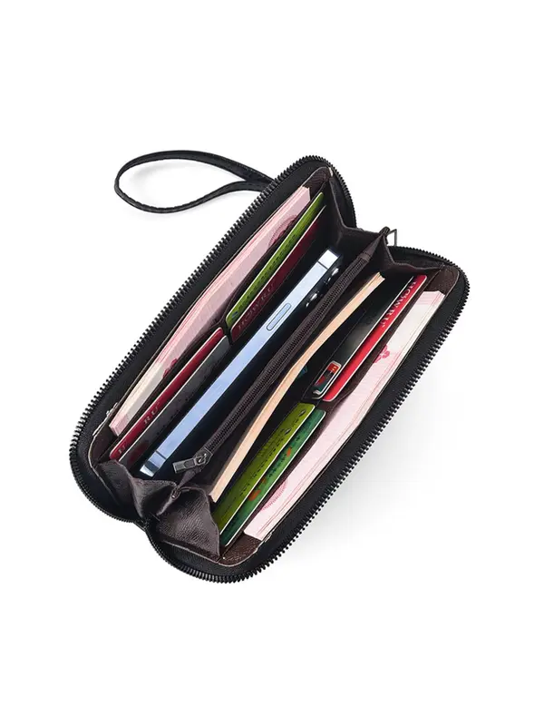 Casual Solid Long Wallet with Lanyard, Large Capacity Card Holder, Basic Trendy Wristlet Wallet for Boys Gift 2