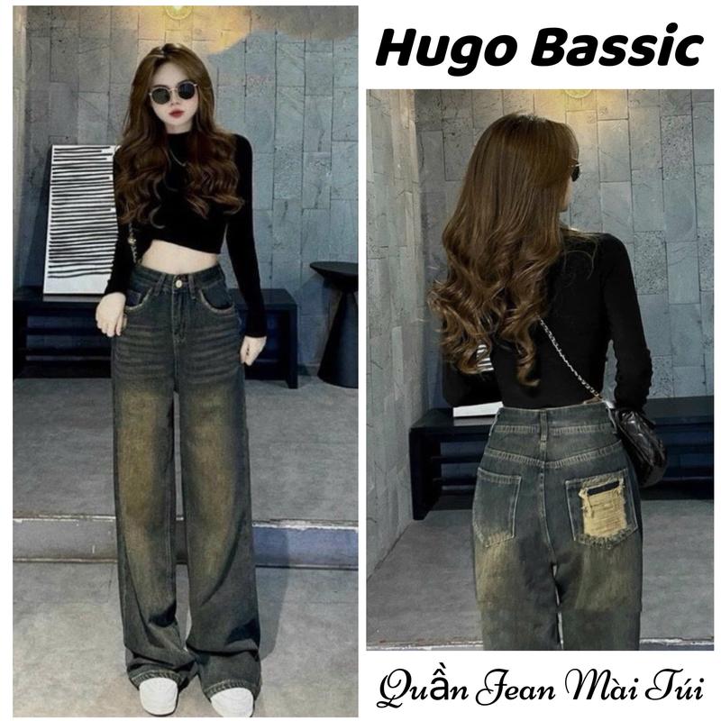 Quần Jean ống suông nữ túi sau rách cá tính - màu xanh rêu bụi hot trend 2024 Nữ Pants Quần Ong Kem