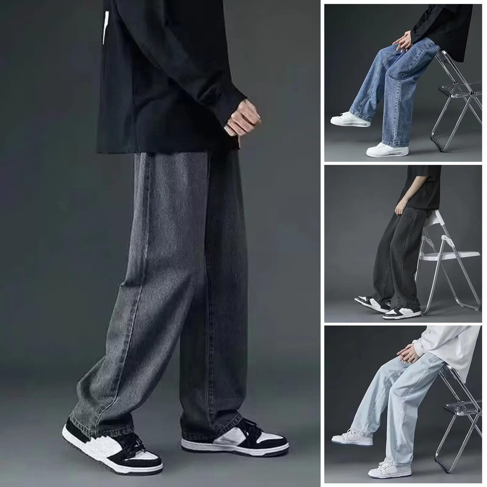 [SRE]Men Jeans Wide Leg Pants Baggy Trouser Fashion Loose Retro Straight Long Pants Washed Denim Blend Casual Overalls Streetwear for Outdoor Travel