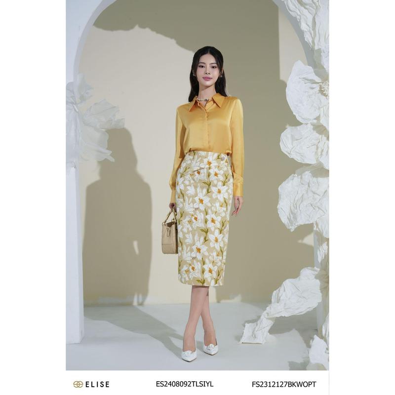 Chân váy gấm hoa ly nền be xếp ly chéo thiết kế Elise mã sản phẩm FS2312127BKWOPT