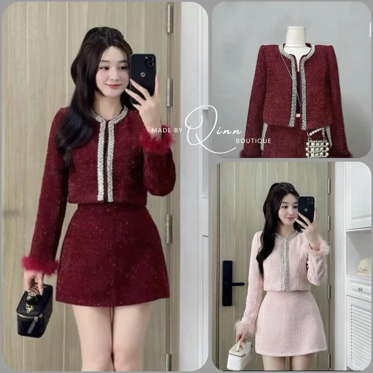 Set Áo Dạ Tweed Nhũ Tay Lông Vũ Đính Đá Kèm Chân Váy New Hot [ Hàng Thiết Kế CC 2 LớpCó Đệm Vai [Hàng  - Có Ảnh Thật Qinn Tự Chụp] Top Nữ Set Bộ