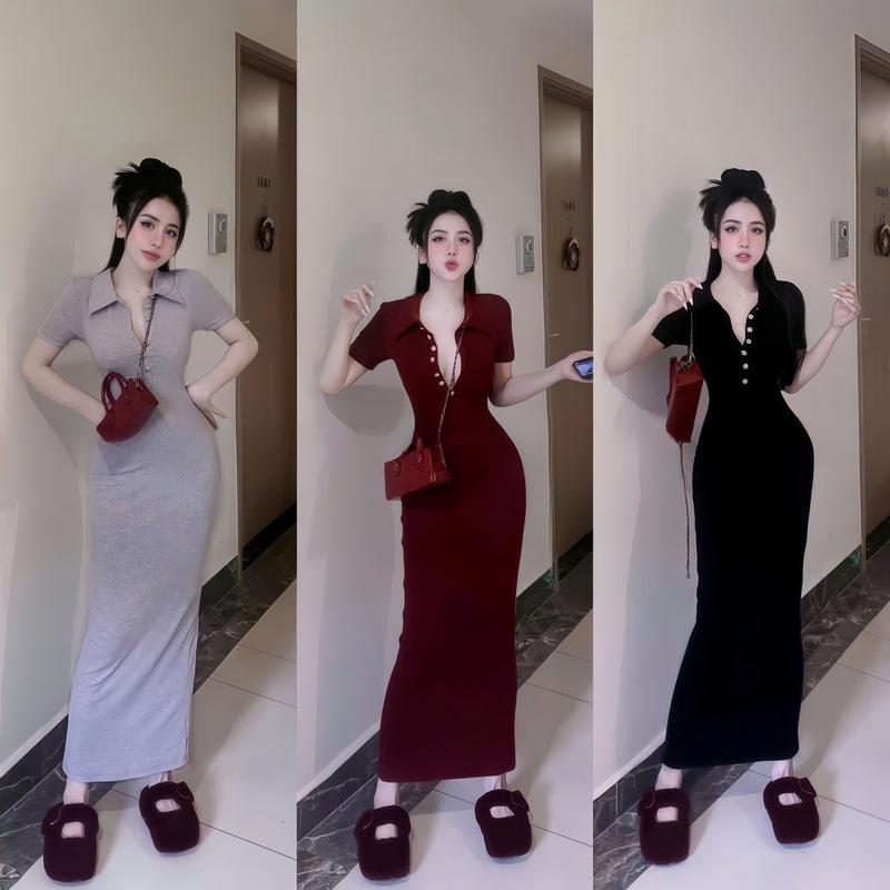 Đầm Body Dáng Dài Tôn Dáng Chất Thun Gân Tăm Tay  Ngắn Cổ Sơ Mi Hình V Phối Nút Xinh Yêu Đầm Đi Tiệc Đi Làm Đi Chơi