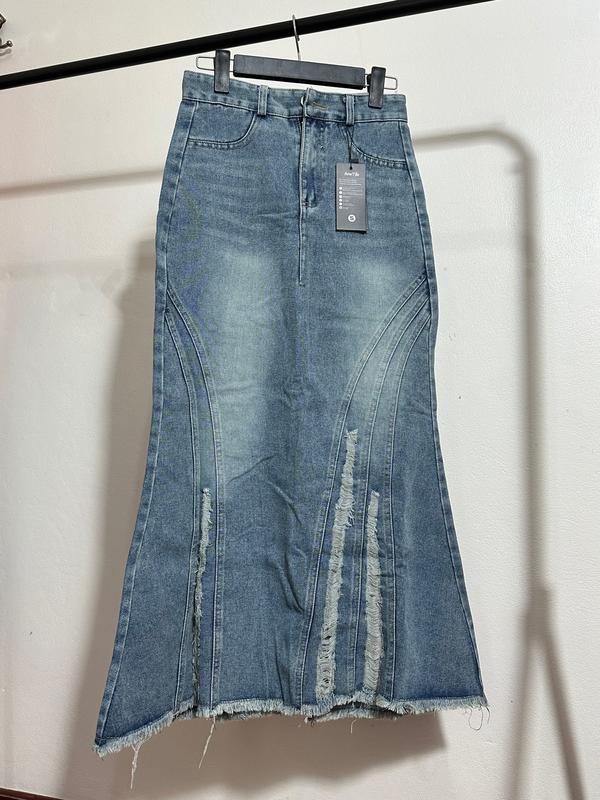 Chân váy jean đuôi cá rách gấu ôm body nữ váy bò dài xẻ tà ngang màu xanh đen V14 - S/M/L/XL 0