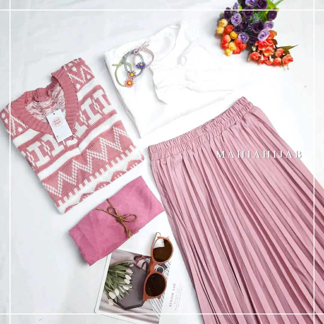 5in1 Setelan Lengkap Momo Set (Vest rajut + Blouse + Rok + Hijab ) outfut korean style by mahiahijab