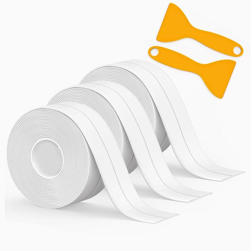Bath & Kitchen Caulk Tape Sealant Strip, 3 Counts PVC Self Adhesive Tub & Wall Sealing Tape Caulk Sealer, Shower Tile Sealer Tools With 2pcs Shovel, Adhesive Sealant 0