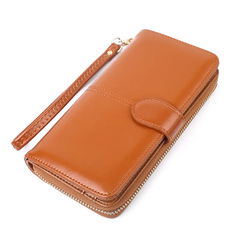 Oil Wax Leather Wallet Retro Style Phone Bag Long Zipper Coin Purse Women's Card Holder