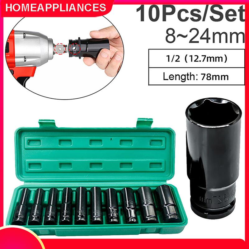 Bộ 10 đầu khẩu đầu túyt Cao Cấp dùng cho máy siết bulong 1 2 -8-24mm Bộ chặn T&G chặn bi dài chặn đen bộ cờ lê điện 1 2" 4 hun số 8-10-12-13-14-16-17-19-21-24 kèm hộp