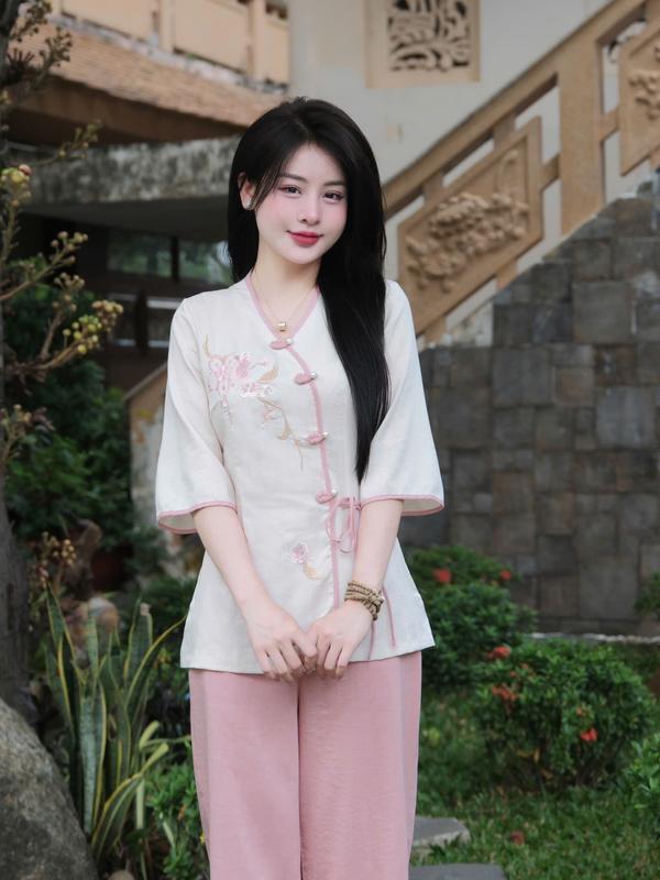 Tinh Nhi đồ lam đi lễ cúc chéo thêu hoa tiểu thư thanh lịch PP220 Nhung Áo Nữ Top Women 4