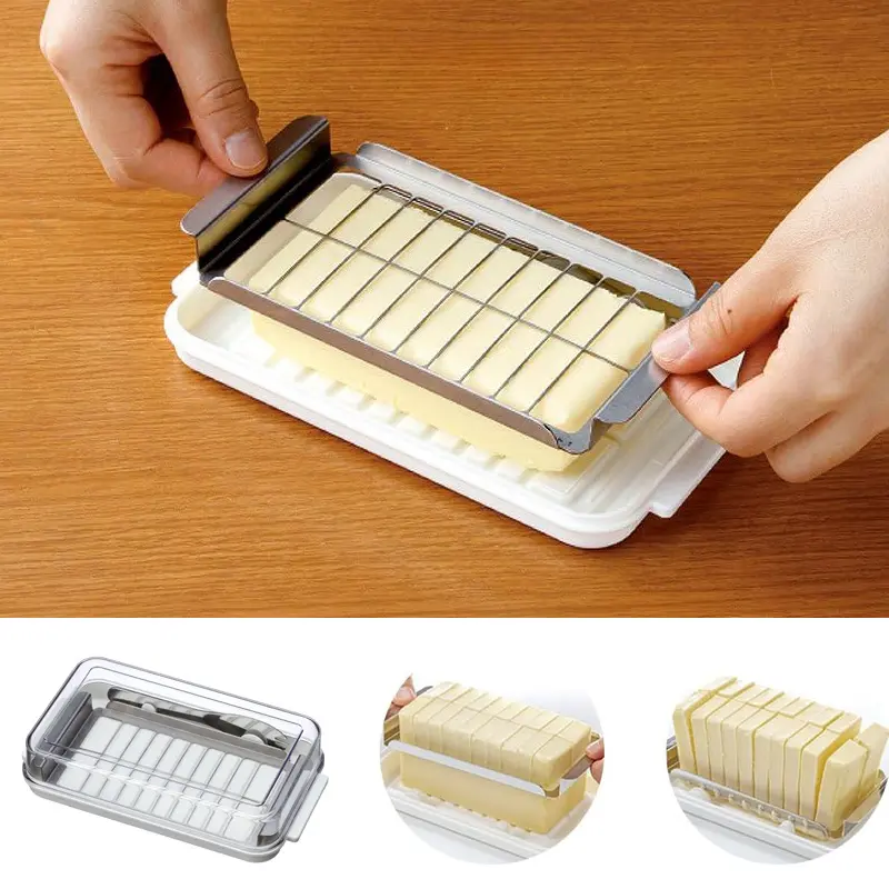 Butter Box with Cutter Wire Stainless Steel Cheese Slicer Tools Foods Storage Box & BPA-free Kitchen Fridge Container with Fork Lid Cover