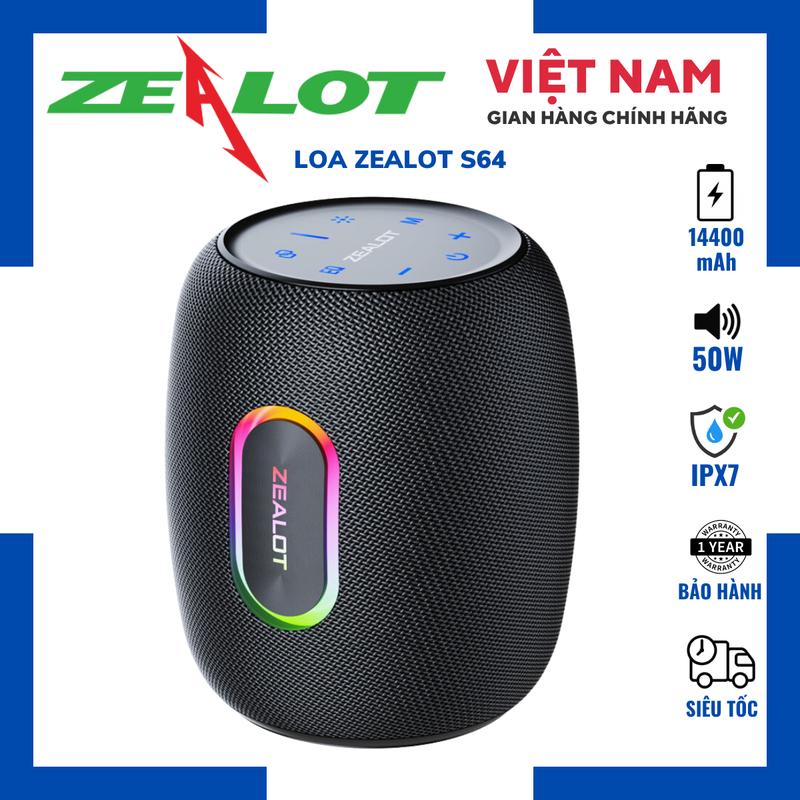    TẶNG NHẠC   Loa Bluetooth Zealot S64 Công Suất 50W Bass Mạnh Chuẩn Kháng Nước IPX7 Dung Lượng Pin 14400 mAh Đèn Led RGB Hỗ Trợ Kết Nối Cổng USB Thẻ Nhớ AUX Bluetooth 5.2 Kết Nối 2 Loa Pin Trâu Phát Nhạc Lên Đến 6H Chuyên Nghe Nhạc Bass Mạnh 
