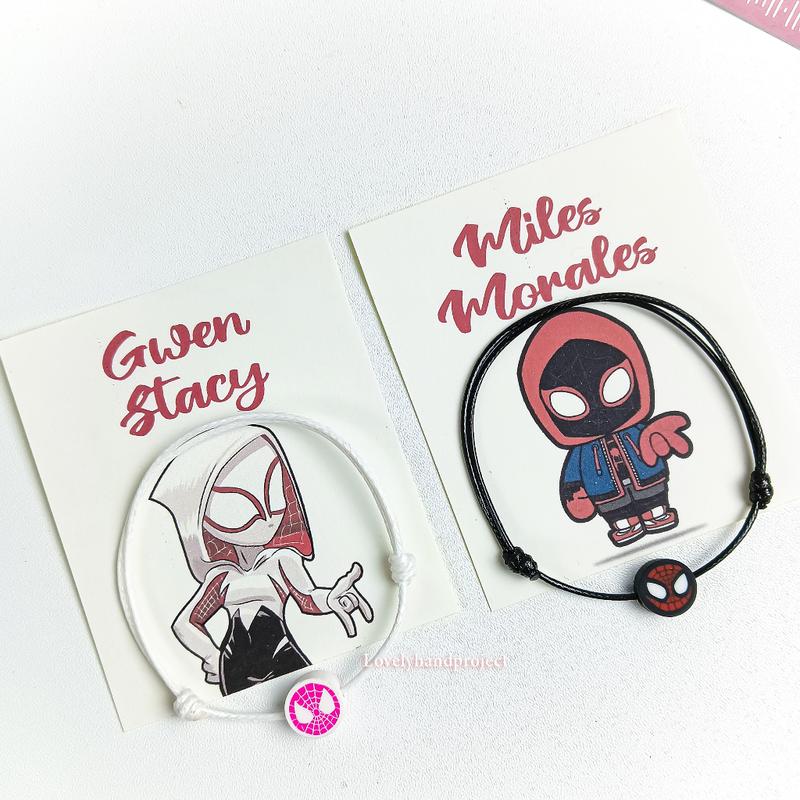 Gelang Couple Spiderman Miles Morales & Gwen Stacy Free Box Tali Waterproof Anti Air Satin Hitam Lembut Copel Super hero Into the spider verse gelang  couple 0