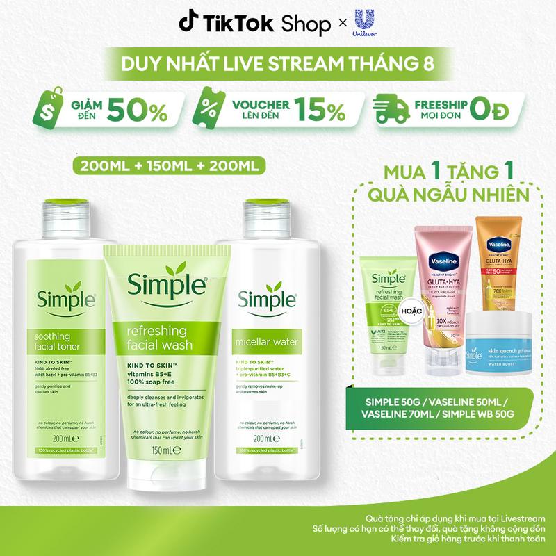 Combo 3 Skincare Simple Nước Tẩy Trang 200ml Sạch Sâu Ẩm Mịn + Sữa Rửa Mặt Lành Tính Sạch Thoáng 150ml + Nước Hoa Hồng Làm Dịu & Cân Bằng Da 200ml - Dành Cho Da Nhạy Cảm [1]