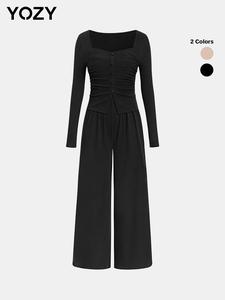 YOZY Women's Plain Ruched Button Front Sweetheart Neck Jumpsuit, Casual Long Sleeve Wide Leg Jumpsuit for Spring&Fall, Women's Clothes for Daily Wear, Valentine's Day Gift for Girl, Overalls