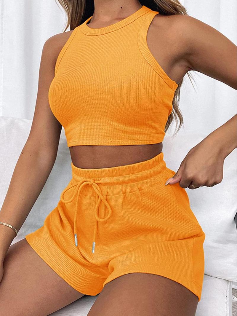 Product Introduction of Two-piece Set Women's Solid Waffle Textured Shorts Two-piece Set, Round Neck Crop Tank Top & Drawstring Pocket Shorts, Two Piece Sets Summer, Ladies Clothes for All Seasons, Matching Set Outfit 16
