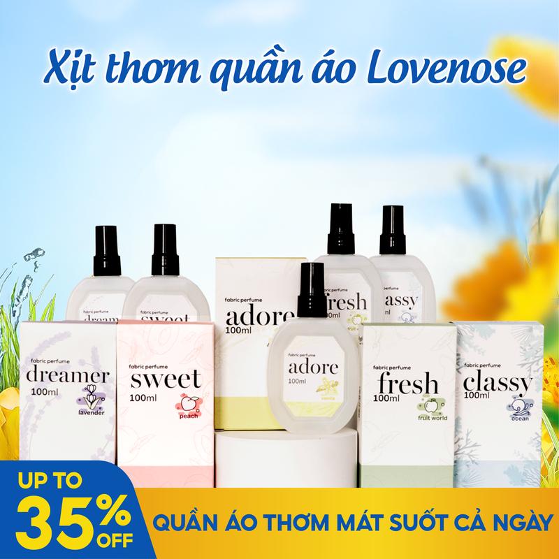 [MUA 3 Giảm 10%] Xịt thơm quần áo Lovenose 100ml chiết xuất thiên nhiên thơm mát khửi mùi hôi và mang lại hương thơm lâu dài Cosmetic Perfume Nho Nước Hoa Mỹ Phẩm Tinh Dầu Trà