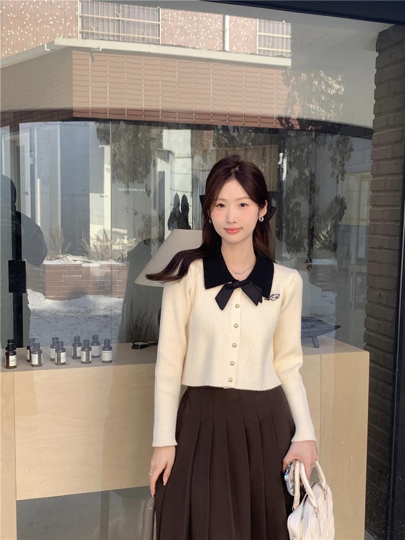 Product Introduction of Áo Cardigan Dệt Kim, Hàng Mới Về Mùa Thu, Dành Cho Nữ, Cổ Áo Màu Tương Phản, Có Nơ, Chiều Dài Ngắn, Thiết Kế Thời Trang 2