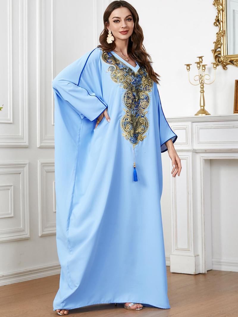 Product Introduction of Arabic Clothing- Women's Ethnic Pattern Embroidery Tassel Batwing Sleeve Kaftan, Elegant Long Sleeve V Neck Loose Dress for Spring & Fall, Ladies Islamic Clothing for Daily Wear 8