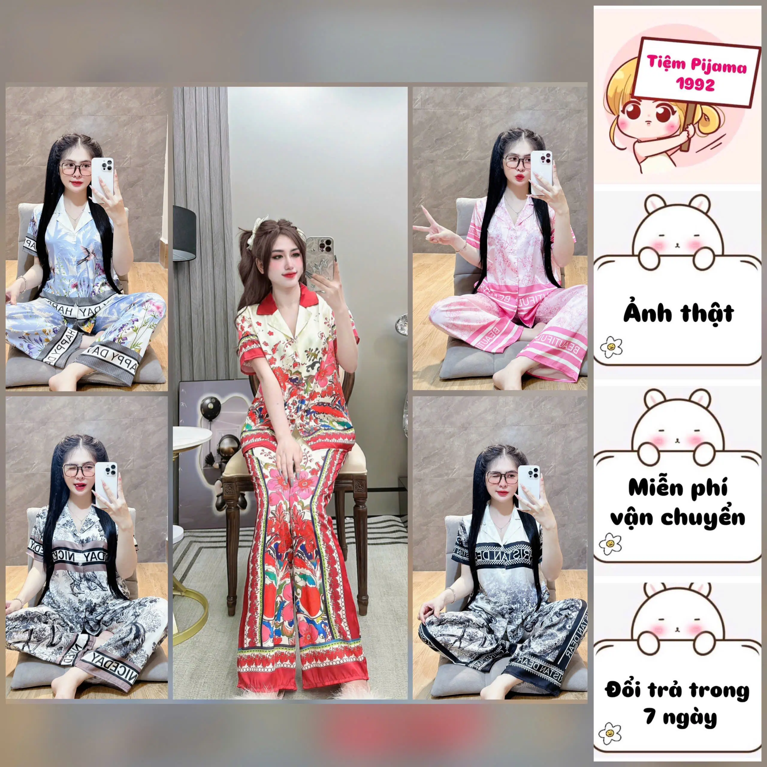 Đồ Bộ Pijama Lụa Latin Mịn Nút Đính Đá Freesize 40-60kg Cho Nữ - Women Áo Ngủ Quần Ngủ Voi dobo Nhung Nho
