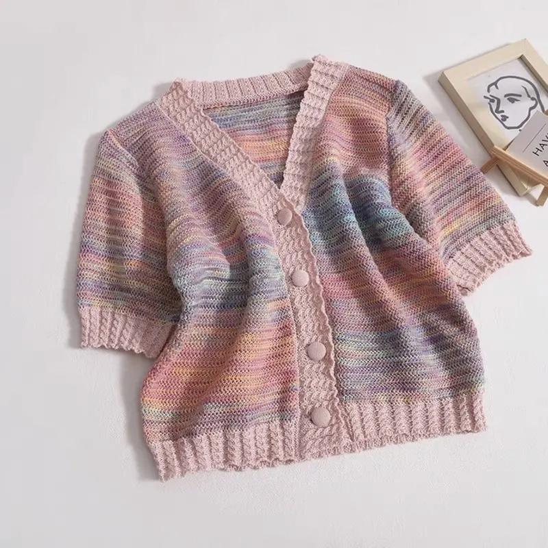 Áo Len Cadigan Cổ V Khuy Bọc Màu Sắc Cầu Vồng Trẻ Trung Minxu Shop PG44 Nữ Top