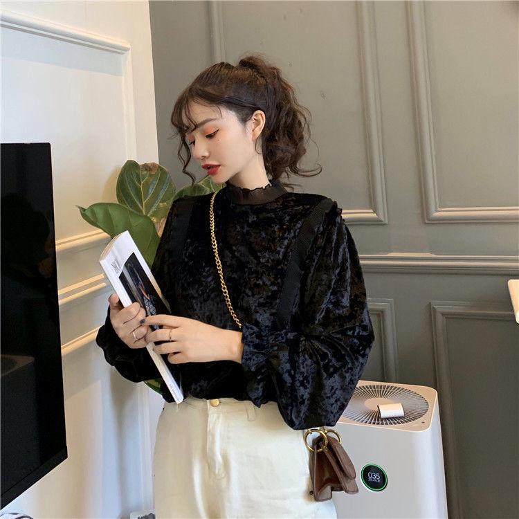 Product Introduction of Áo Sơ Mi Nhung, Ngọt Ngào Và Thanh Lịch, Chắp Vá Selvedge Dây Cổ Đứng, Hàng Mới Về Mùa Thu Cho Nữ, Tay Phồng Trẻ Trung, Áo Dài Tay 9