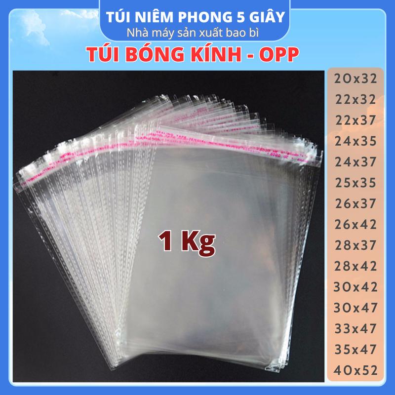 1 Kg Túi Nilon Keo Dán Miệng OPP Trong Suốt, Bọc Kiếng, Đóng Gói, Đựng Phụ Kiện, Quần Áo – 5 Giây