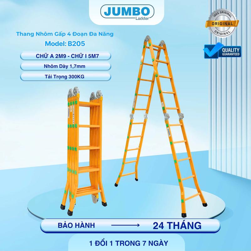 Thang nhôm gấp 4 đoạn JUMBO B205, chữ A cao 2.9m, chữ I cao 5.7m, 14 tư thế sử dụng