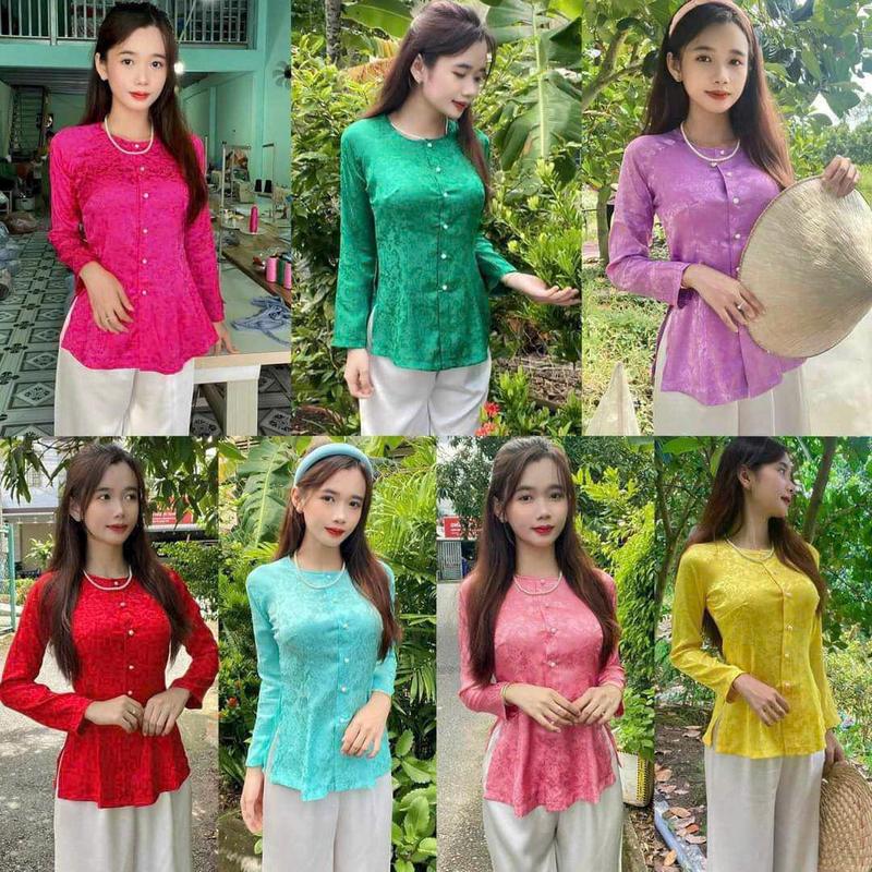 SET BÀ BA GẤM TAY DÀI CỔ TRÒN NÚT NGỌC 0