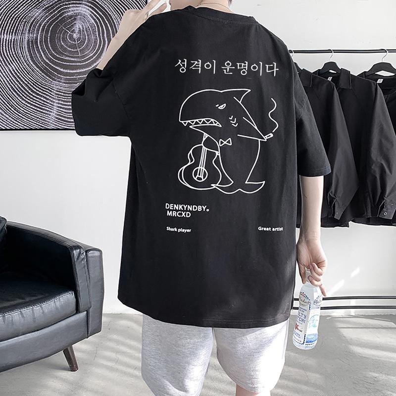 Áo phông nam nữ - Áo thun nam in hình Cá mập from rộng tay lỡ chất thun cotton mỏng nhẹ mềm mịn siêu xinh Menswear Cổ Tròn Top Đen