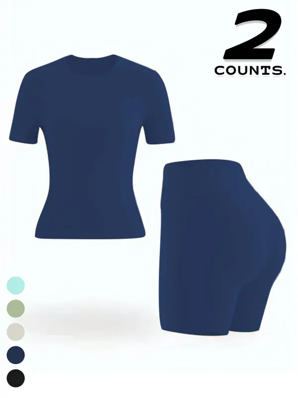 Two-piece Set Women's Solid Color Tee & High Waist Skinny Shorts Tracksuit Set, Sporty Casual Breathable Set for Yoga Gym Workout Running, Ladies Summer Sportswear, Activewear, Workout Sets Women 6