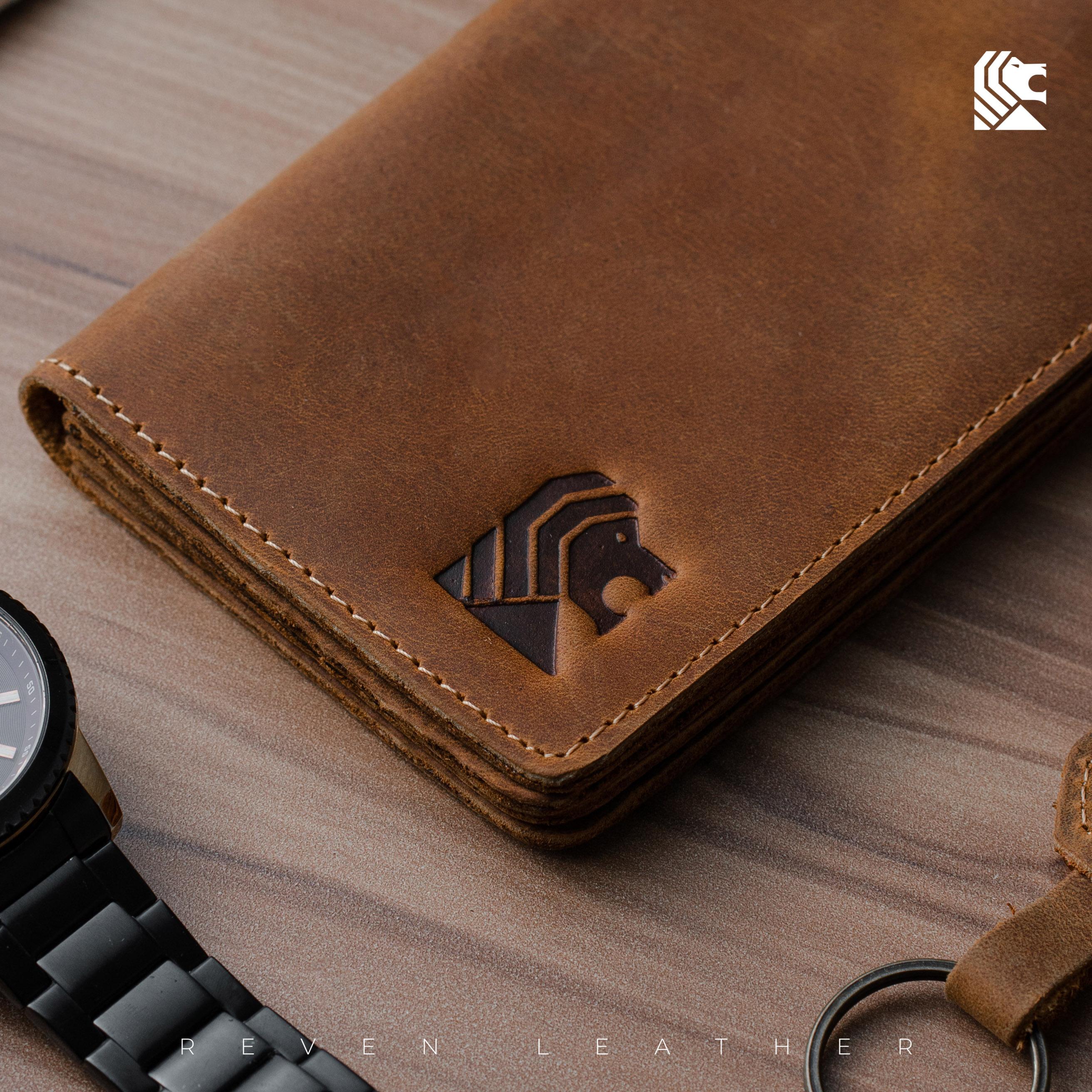 REVEN Bontage Dompet Panjang Lipat 2 Pria Kulit Asli Crazy Horse Klasik Keren Total 9 Slot Ruang Koin Resleting Kancing Klip Pouch HP Rantai Pengaman Untuk Motoran Gaya Cowok