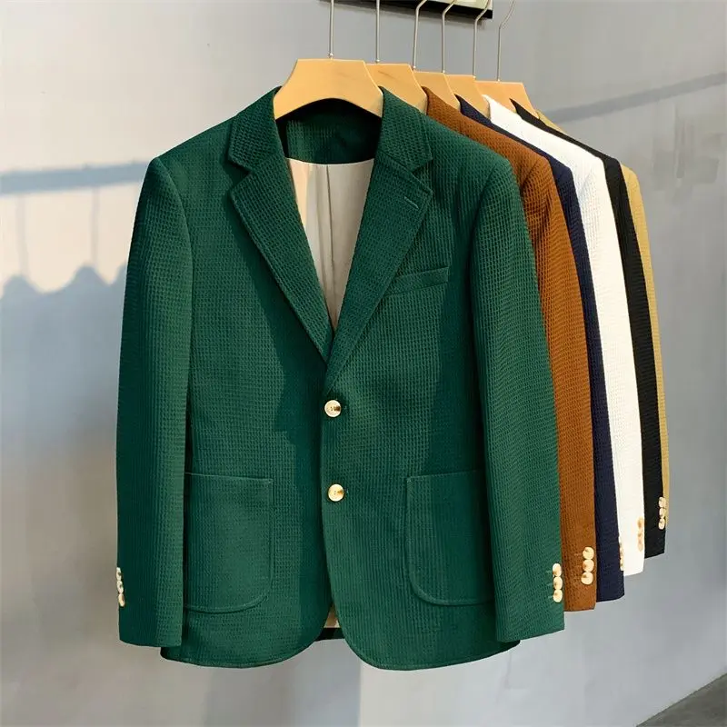 Sut Slim Fit Lelaki, Warna Pepejal, Gaya British, Wafel, Berdada Tunggal, Sut Kasual, Sesuai untuk Musim Luruh, Kot Perniagaan Belia