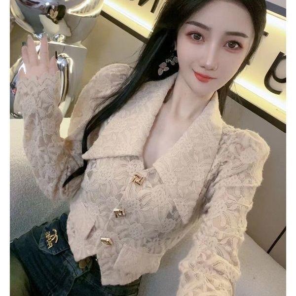 Áo Sơ Mi Thời Trang Sang Trọng, Thời Trang, Dành Cho Nữ, Hàng Mới Về Mùa Thu 2024, Áo Ren khoét Tay Phồng Bó Eo, Áo Sơ Mi Ngắn Women Top Shirt 0