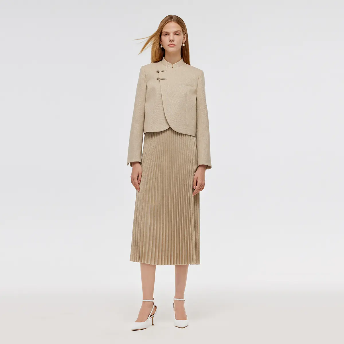 New Chinese-Style Mandarin Collar Crop Jacket And Pleated Skirt Two-Piece Set Clothing Fit
